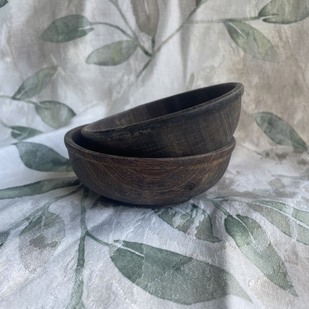 Vintage Hand Carved Honduras Wooden Fruit Bowl Dark Brown Set of 2 Snack Trinket